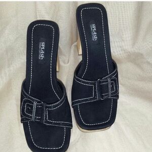 Splash Black Platform Slide Sandals with Contrast Stitching